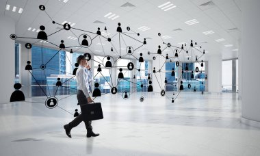 3D ofis içi ve sosyal bağlantı kavramındaki zarif iş adamı. Karışık ortam