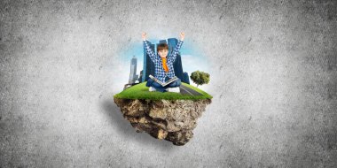 ECO konsepti yüzen ada ve üzerinde kitap oturan mutlu çocuk.