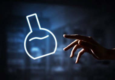 Karanlık iç arka plan üzerinde tüp sembolü ile bilim ve araştırma kavramı