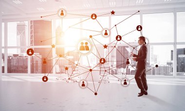 3D ofis içi ve sosyal bağlantı kavramındaki zarif iş adamı. Karışık ortam