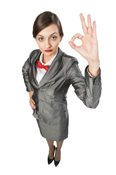 Top View Young Cheerful Businesswoman White Showing Gesture — Stock Photo, Image