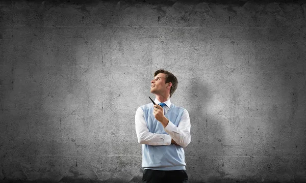 Horizontal Shot Confident Young Businessman Smart Casual Wear Smoking Pipe — Stock Photo, Image