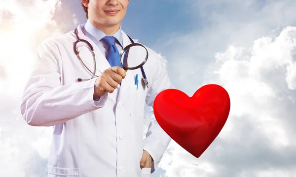 Horizontal Shot Confident Doctor White Medical Suit Looking Red Heart — ストック写真