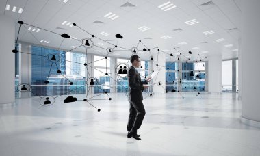 3D ofis içi ve sosyal bağlantı kavramındaki zarif iş adamı. Karışık ortam