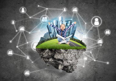 Bağlantı konsepti yüzen ada ve üzerinde kitap oturan mutlu kız çocuğu