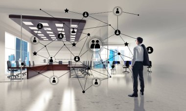 3D ofis içi ve sosyal bağlantı kavramındaki zarif iş adamı. Karışık ortam