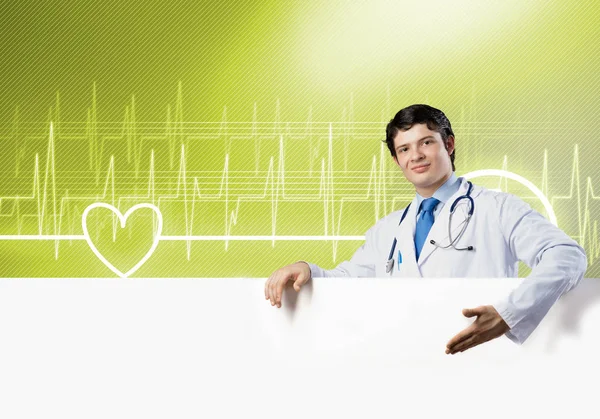 Young Handsome Doctor Holding White Blank Banner Place Your Text — Stock Photo, Image