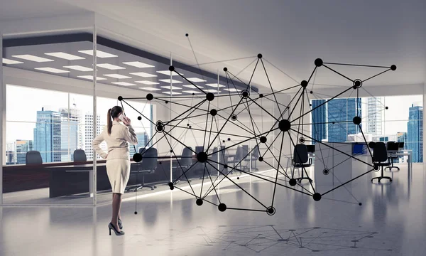 Elegant Businesswoman Modern Office Interior Social Connection Concept Mixed Media — Stock Photo, Image