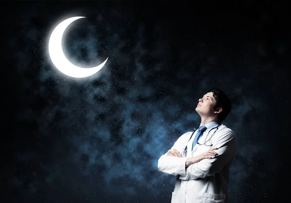 Horizontal Shot Young Professional Male Doctor Interracting Young Moon While — Stock Photo, Image