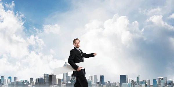 Confident Successful Businessman Black Suit Pointing Huge White Arrow His — Stock Photo, Image