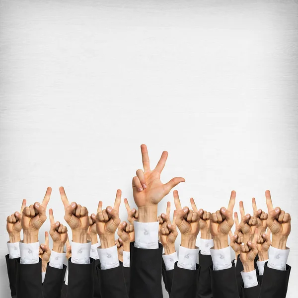 Grupo Mãos Empresários Mostrando Gestos Fundo Madeira — Fotografia de Stock