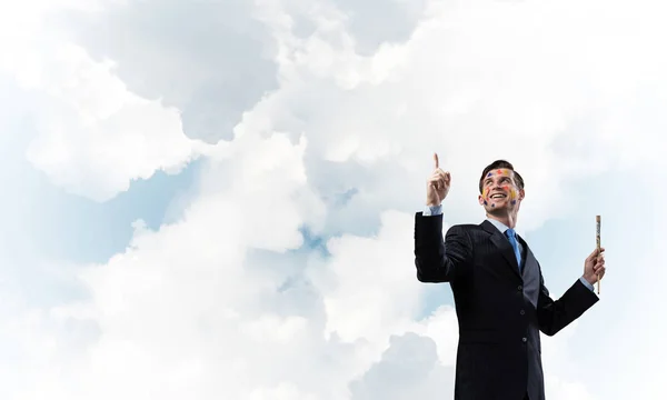 Happy Young Businessman Black Suit Holding Paintbrush His Hand Smiling — Stock Photo, Image