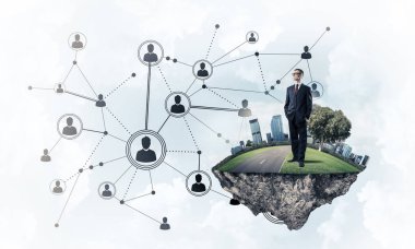 Mavi gökyüzünde yüzen yeşil Adası üzerinde zarif işadamı