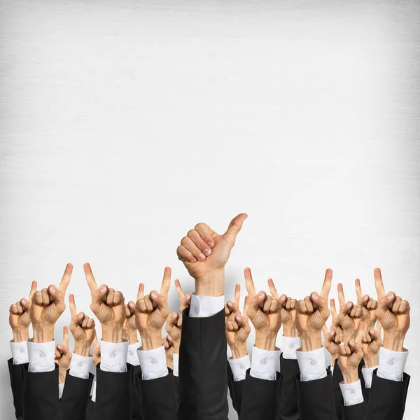 Group Hands Businesspeople Showing Gestures Wooden Background — Stock Photo, Image