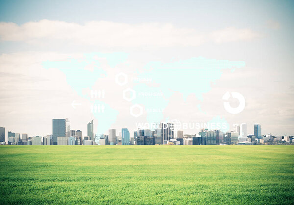 Natural background with modern cityscape green field and media i