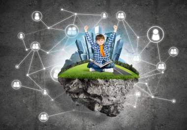 Bağlantı konsepti yüzen ada ve üzerinde kitap oturan mutlu çocuk