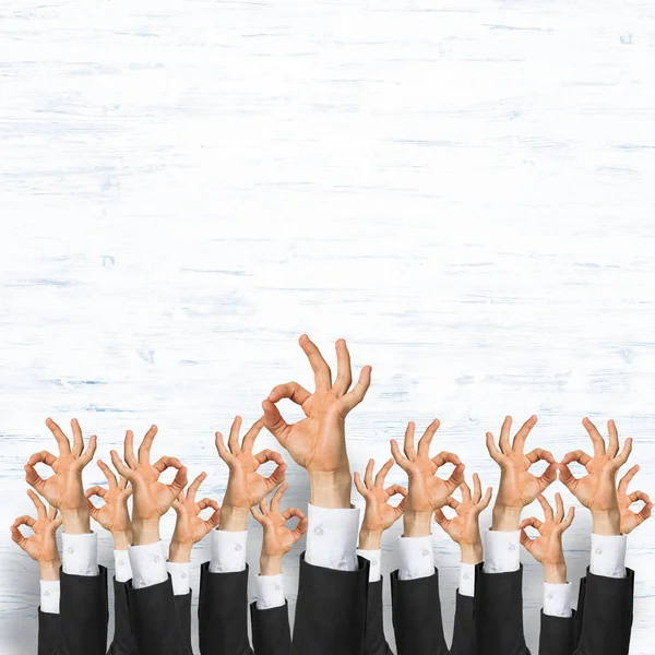 Group Hands Businesspeople Showing Gestures Wooden Background — Stock Photo, Image