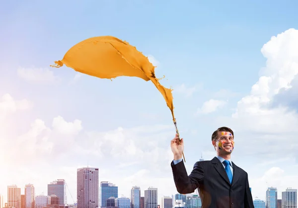 Young Successful Businessman Black Suit Holding Paintbrush Hand Smiling While — Stock Photo, Image