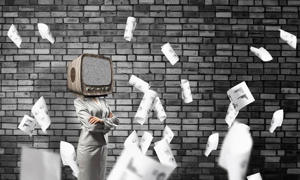 Business woman with old TV instead of head. — Stock Photo, Image