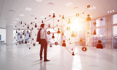 3D ofis içi ve sosyal bağlantı kavramındaki zarif iş adamı. Karışık ortam