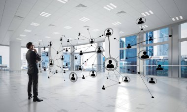 3D ofis içi ve sosyal bağlantı kavramındaki zarif iş adamı. Karışık ortam