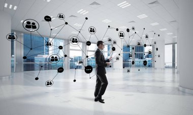 3D ofis içi ve sosyal bağlantı kavramındaki zarif iş adamı. Karışık ortam