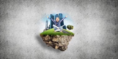 Eko kavramı yüzen ada ve kitap üzerinde oturan kızla mutlu bir çocukluk