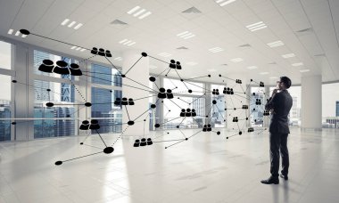 3D ofis içi ve sosyal bağlantı kavramındaki zarif iş adamı. Karışık ortam