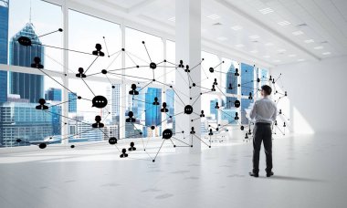 3D ofis içi ve sosyal bağlantı kavramındaki zarif iş adamı. Karışık ortam