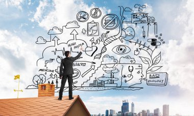 İş başarı planı çizim arka olan genç adam. Karışık teknik