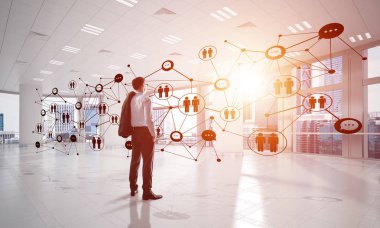 3D ofis içi ve sosyal bağlantı kavramındaki zarif iş adamı. Karışık ortam