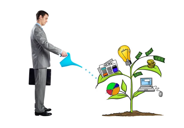 Businessperson Watering Drawing Tree Consisted Infographic Symbols Isolated White Background — Stock Photo, Image