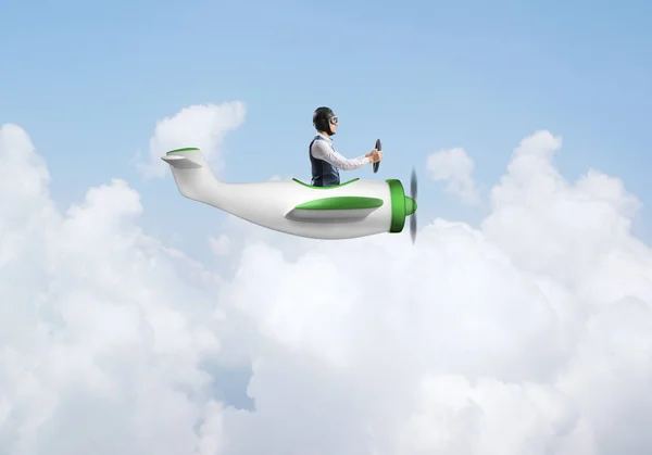 年轻人戴着飞行员的帽子 戴着护目镜驾驶螺旋桨飞机 乘坐飞机概念环游世界 有趣的人飞在小飞机的天空与云 极端航空爱好 — 图库照片