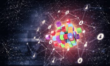 Koyu arkaplanda dijital küp figürüne sahip internet ve ağ kavramı