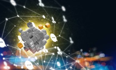 Koyu arkaplanda dijital küp figürüne sahip internet ve ağ kavramı