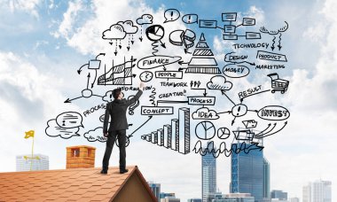 İş başarı planı çizim arka olan genç adam. Karışık teknik