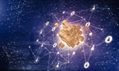 Koyu arkaplanda dijital küp figürüne sahip internet ve ağ kavramı
