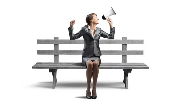 Young Woman Shouting Megaphone Wooden Bench Beautiful Girl Business Suit — Stock Photo, Image