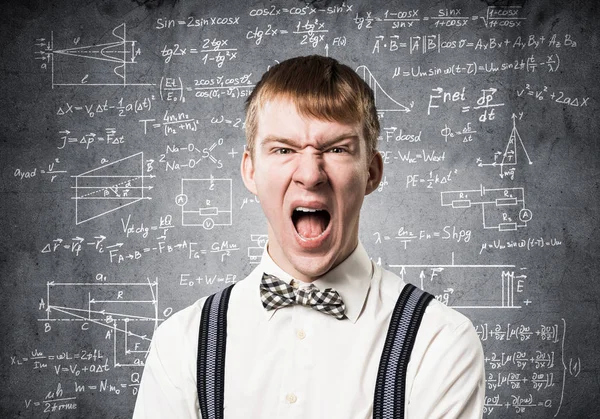 Frenzied Teenager Screaming Anger Emotional Redhead Boy Doing Mathematical Calculations — Stock Photo, Image