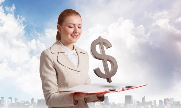 Bizneswoman Znakiem Dolara Nad Otwartym Notatnikiem Usługi Bankowe Inwestycyjne Elegancka — Zdjęcie stockowe