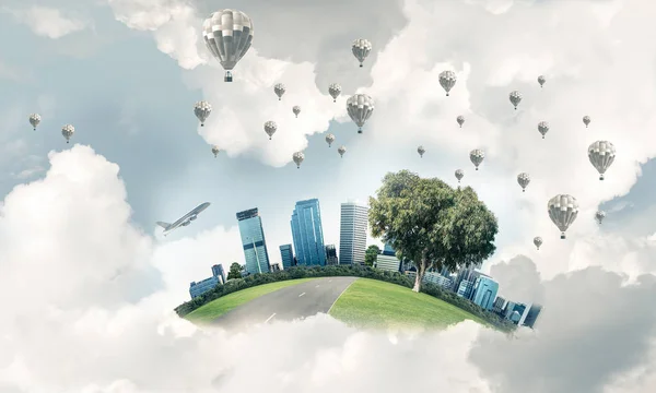 白い雲にエレガントなビジネス センターとしてエコ グリーン ライフのコンセプト — ストック写真