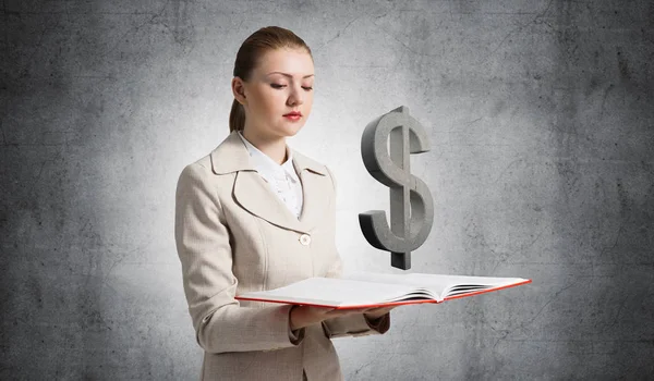 Businesswoman Dollar Sign Opened Notebook Investment Money Saving Services Elegant — Stock Photo, Image