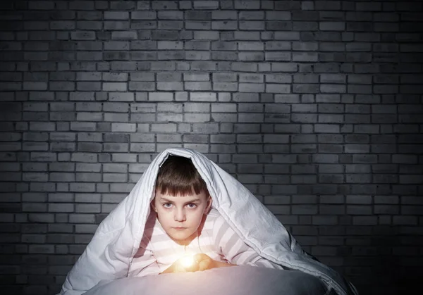 Serious Child Flashlight Hiding Blanket Attentive Kid Lying His Bed — Stock Photo, Image