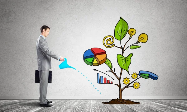 Businessman Watering Drawing Tree Consisted Infographics Consultation Assistance Financial Tree — Stock Photo, Image
