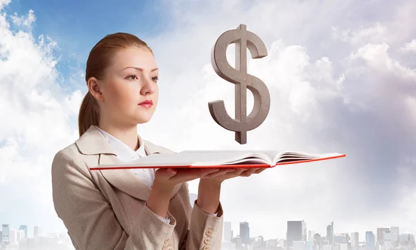 Bizneswoman Znakiem Dolara Nad Otwartym Notatnikiem Usługi Bankowe Inwestycyjne Elegancka — Zdjęcie stockowe