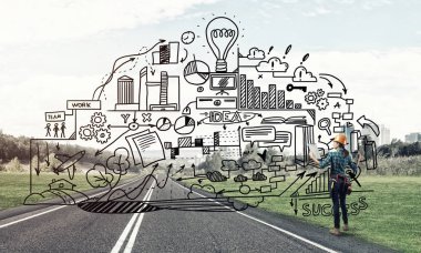 Açık havada mühendis kadının arka planı ve ekrana konsept çizimi