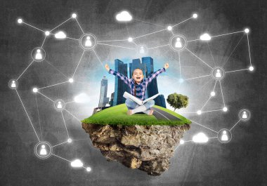 Bağlantı konsepti yüzen ada ve üzerinde kitap oturan mutlu kız çocuğu