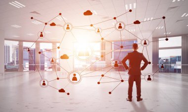 3D ofis içi ve sosyal bağlantı kavramındaki zarif iş adamı. Karışık ortam