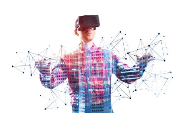 Vr gözlüğü takan ve sanal gerçeklikte gesturing genç adam. Adam vr kulaklık kullanırken ayakta ve hava dokunmadan. Beyaz arka plan karşı ön görünüm adam tarafından Stüdyo fotoğrafı. Siber teknoloji