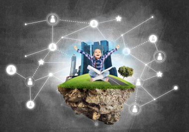 Bağlantı konsepti yüzen ada ve üzerinde kitap oturan mutlu kız çocuğu